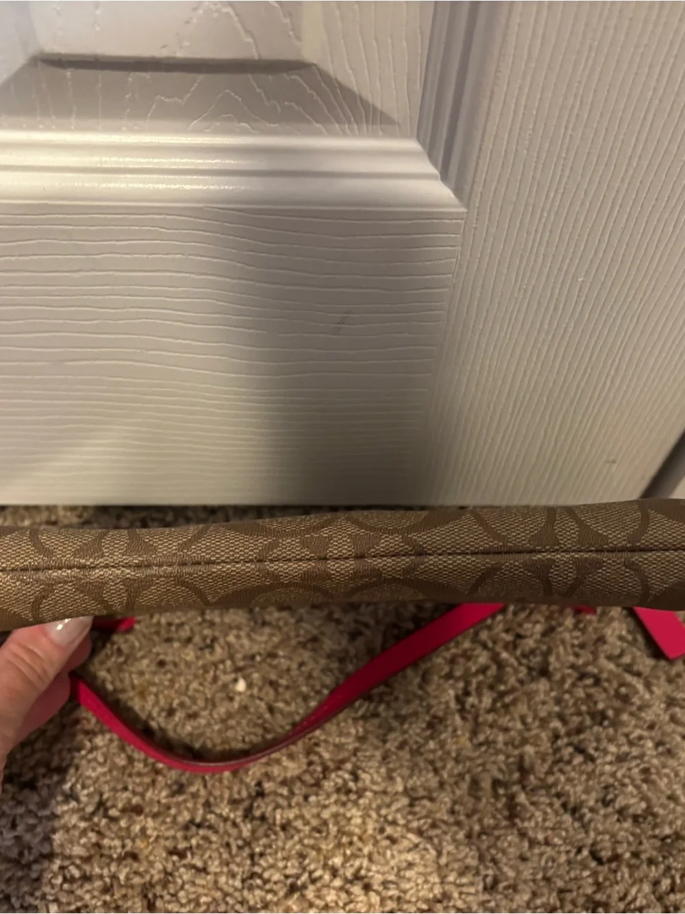 Coach Brown Signature Canvas Wristlet with Pink Trim and Strap